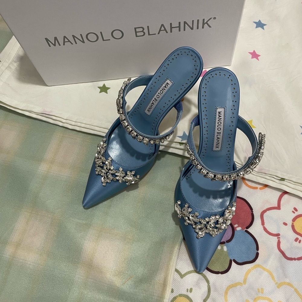 Manolo Blahnik Sky Blue Jeweled Satin Pointed-Toe Mules
